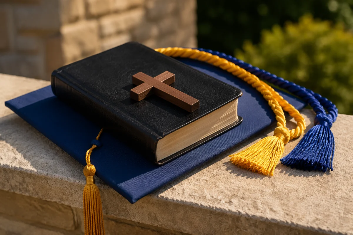 Graduation Cap Bible and Wooden Cross