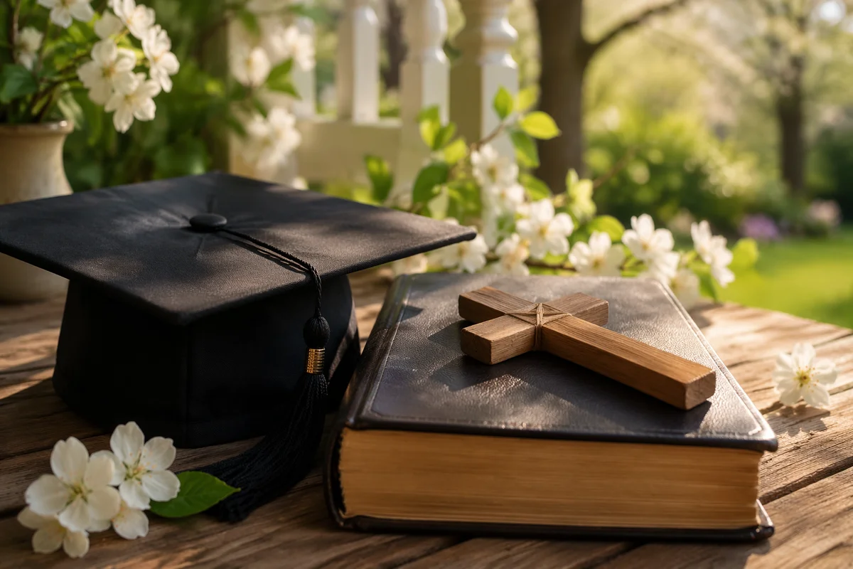 Graduation Cap Bible and Wooden Cross