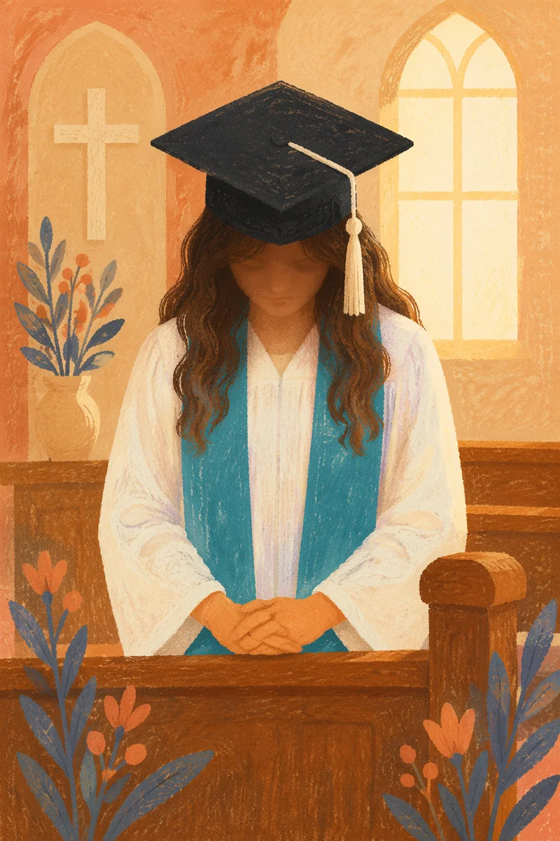 Graduate Prayer in Sunlit Chapel Portrait