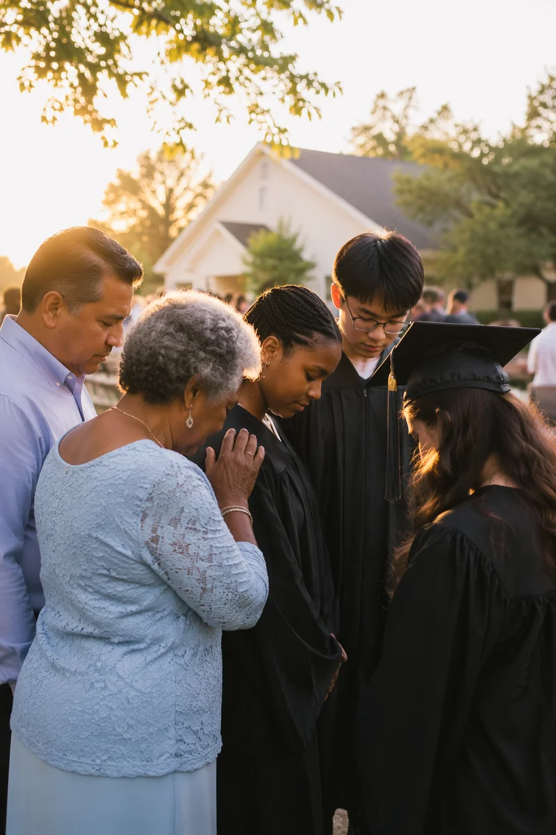 Graduates in Prayer Outside Community Hall