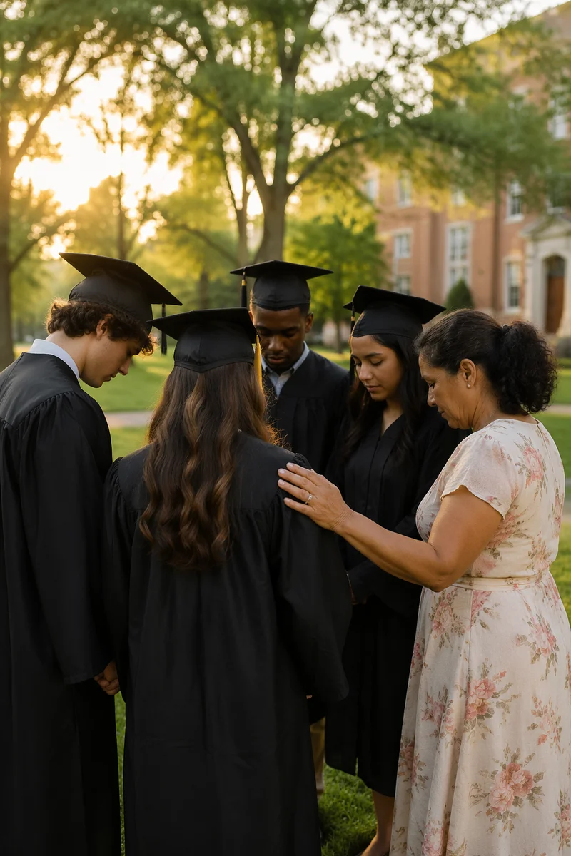 Graduates Praying on Campus Lawn