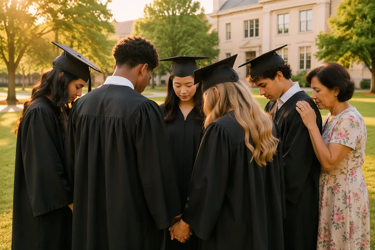 Graduates Praying on Campus Lawn