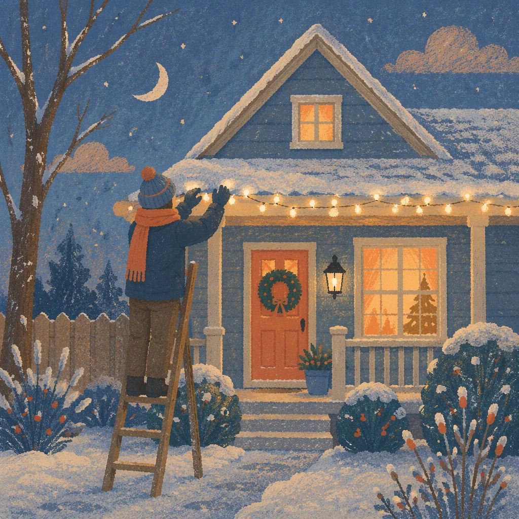 Cozy House with Rooftop Christmas Lights