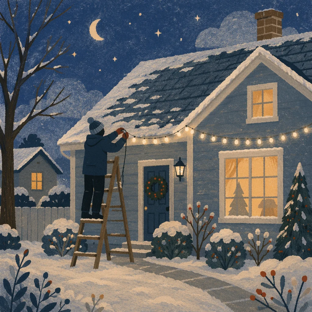 Hanging Christmas Lights on Snowy Rooftop