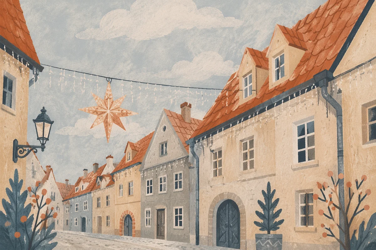 Christmas Lights Hanging on Rooftop Street
