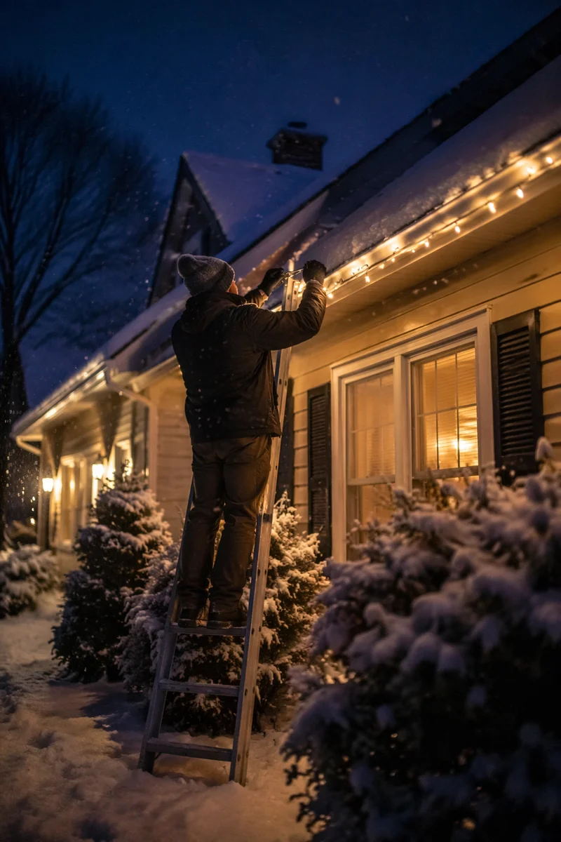 Hanging Christmas Lights on Snowy Rooftop