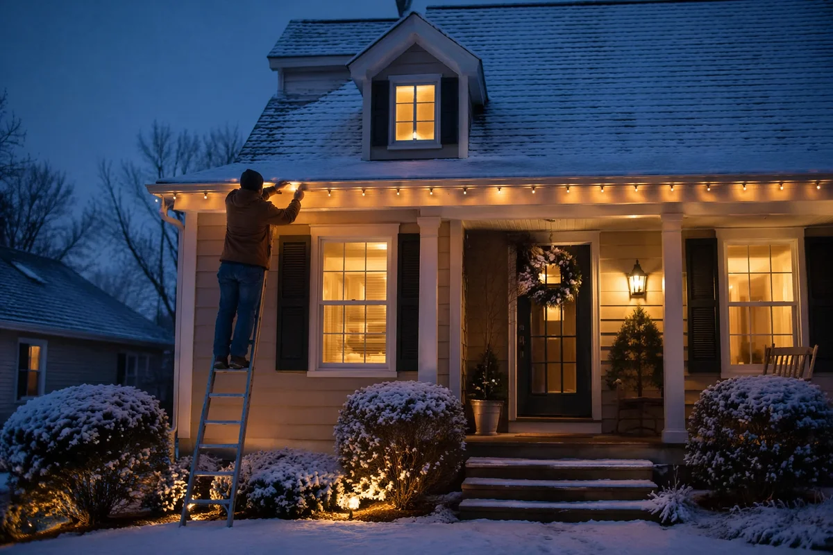 Hanging Christmas Lights on Snowy Rooftop