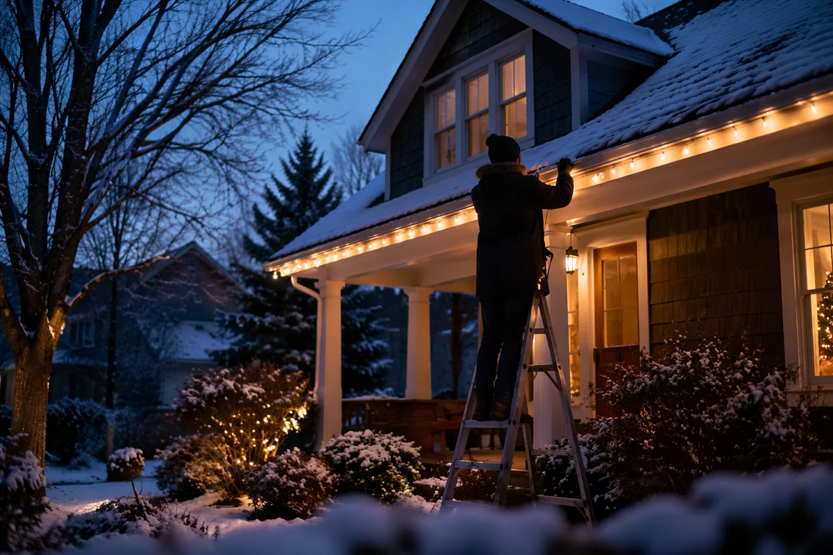 Hanging Christmas Lights on Snowy Rooftop