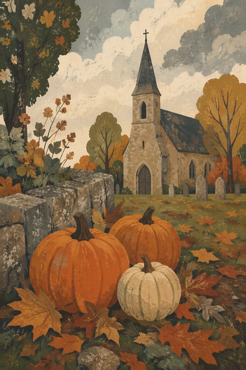 Autumn Harvest Pumpkins in Churchyard Garden