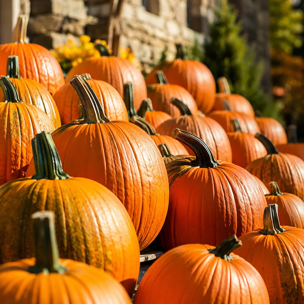 Autumn Pumpkins Outside a Community Church