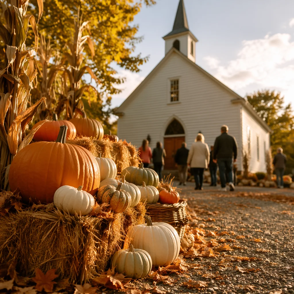 Autumn Harvest Pumpkins Outside Country Church