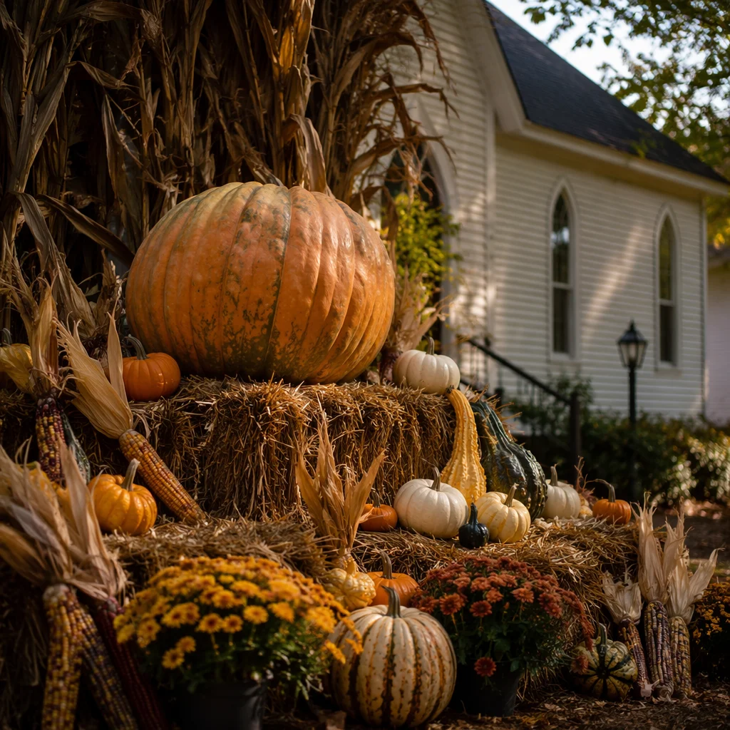 Autumn Harvest Pumpkins Outside Rural Church