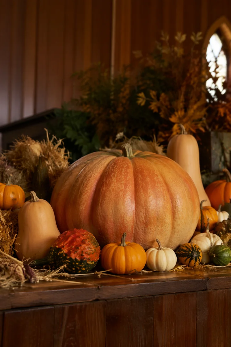 Autumn Harvest Pumpkins in Rustic Church Hall