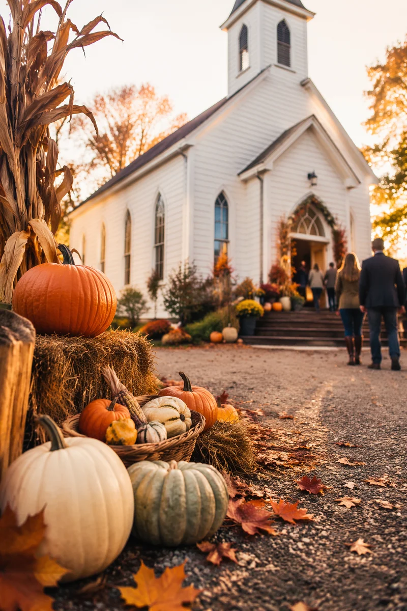 Autumn Harvest Pumpkins Outside Country Church