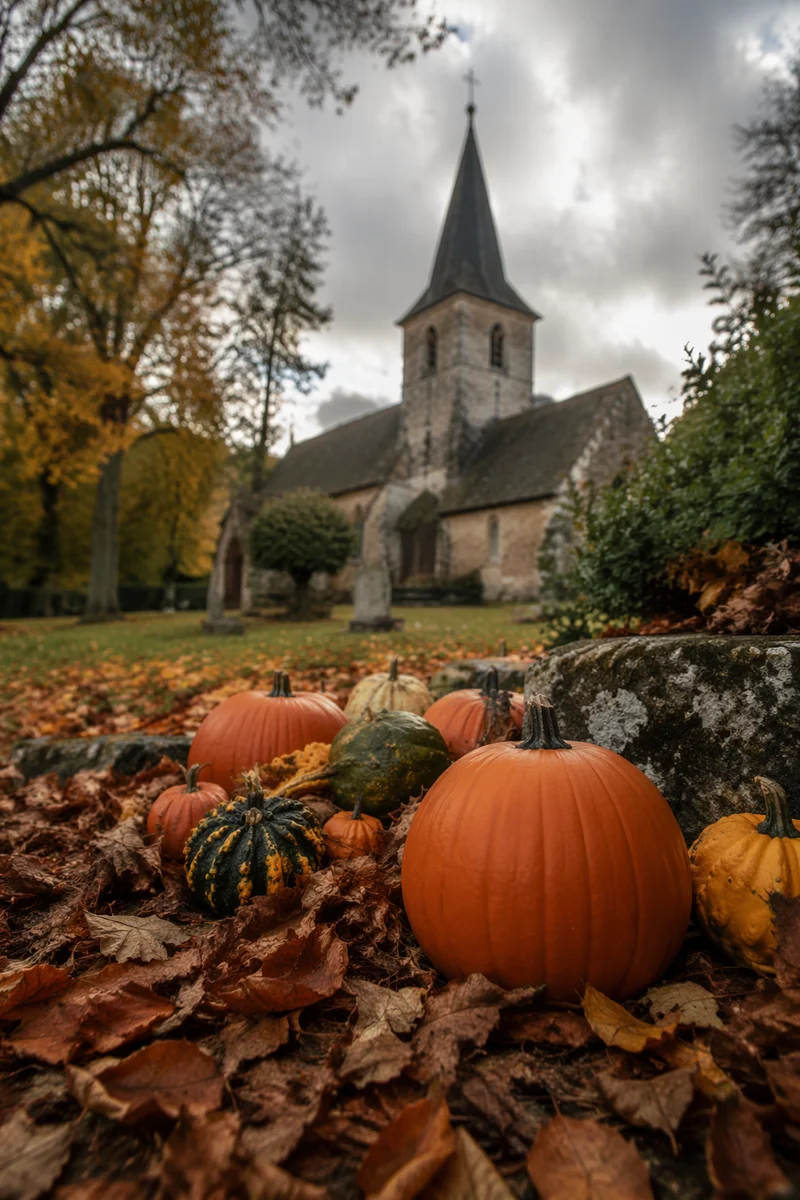Autumn Harvest Pumpkins in Churchyard Garden