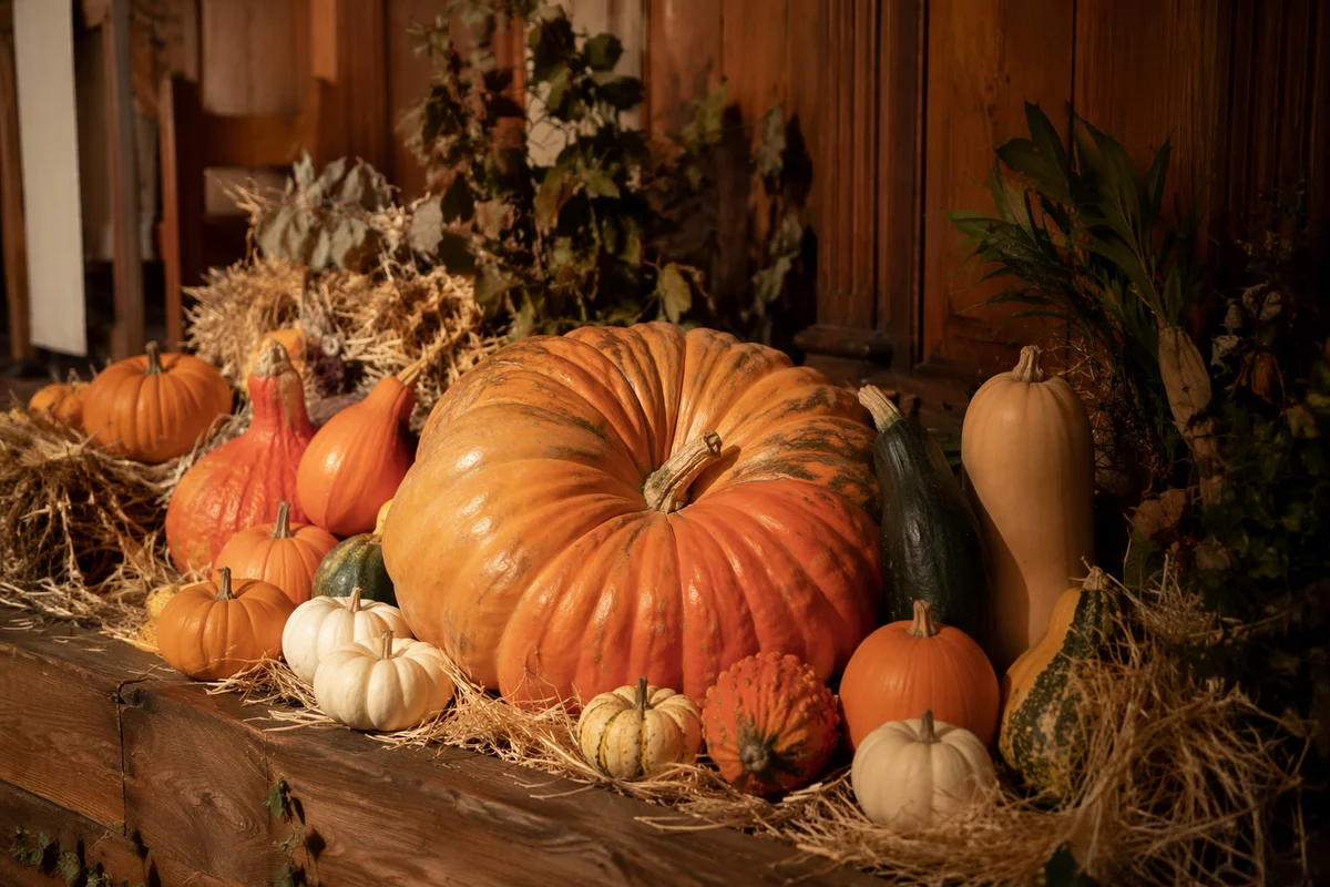 Autumn Harvest Pumpkins in Rustic Church Hall