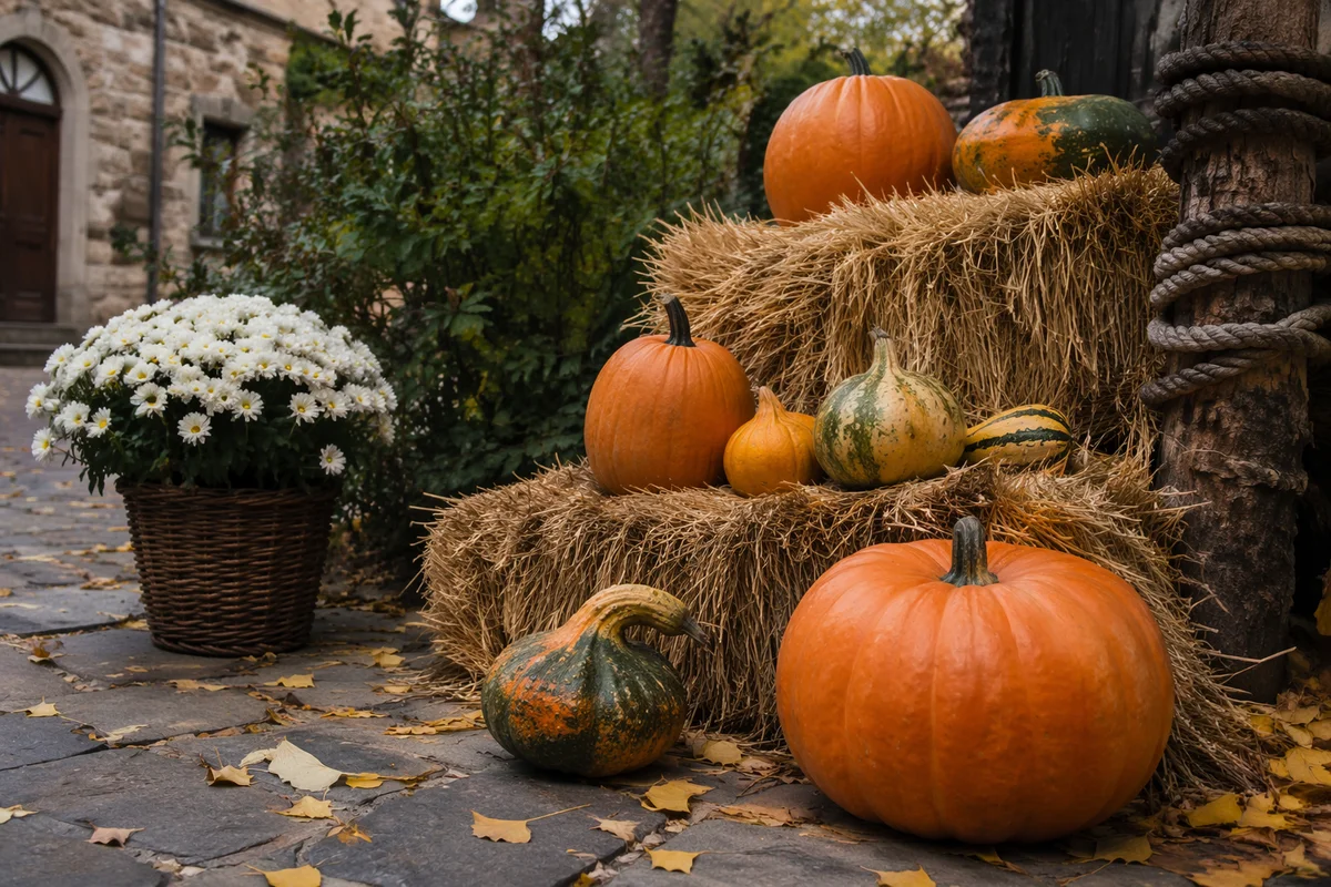 Autumn Harvest Pumpkins in Church Courtyard