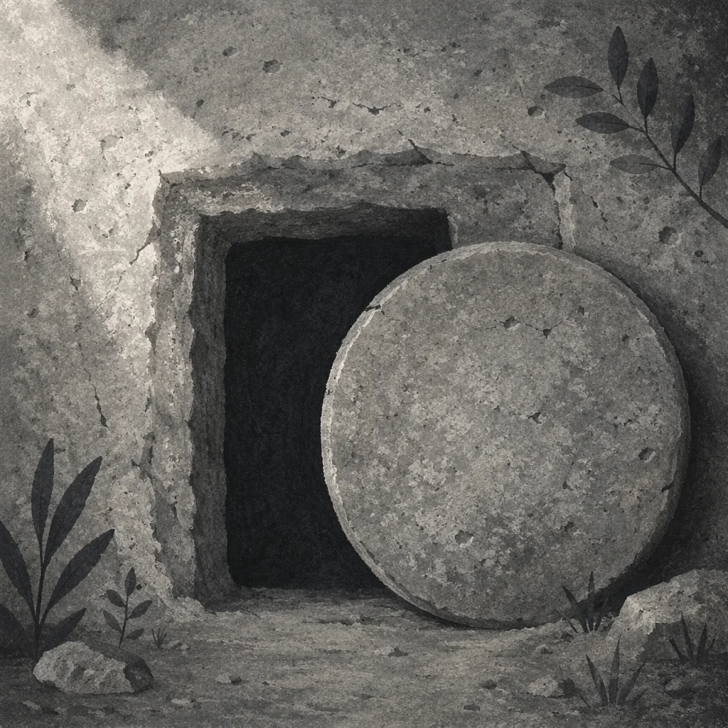 Sealed Stone Tomb in Holy Saturday Darkness