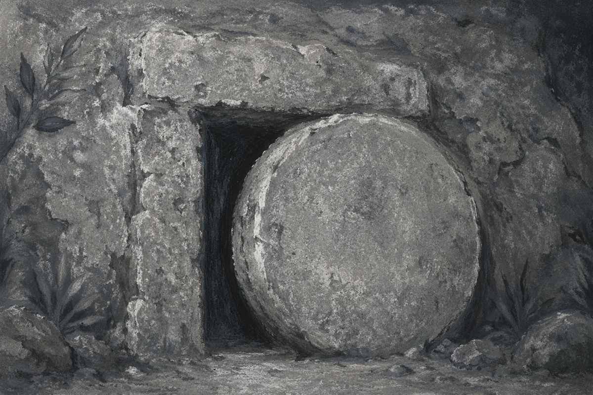 Sealed Stone Tomb in Holy Saturday Darkness