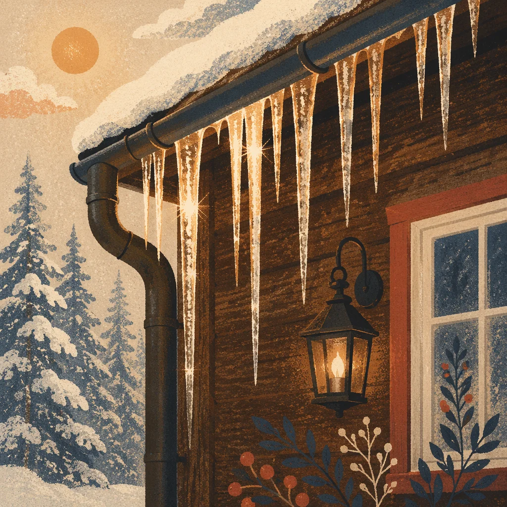 Sunlit Icicles on Rustic Cabin Roof