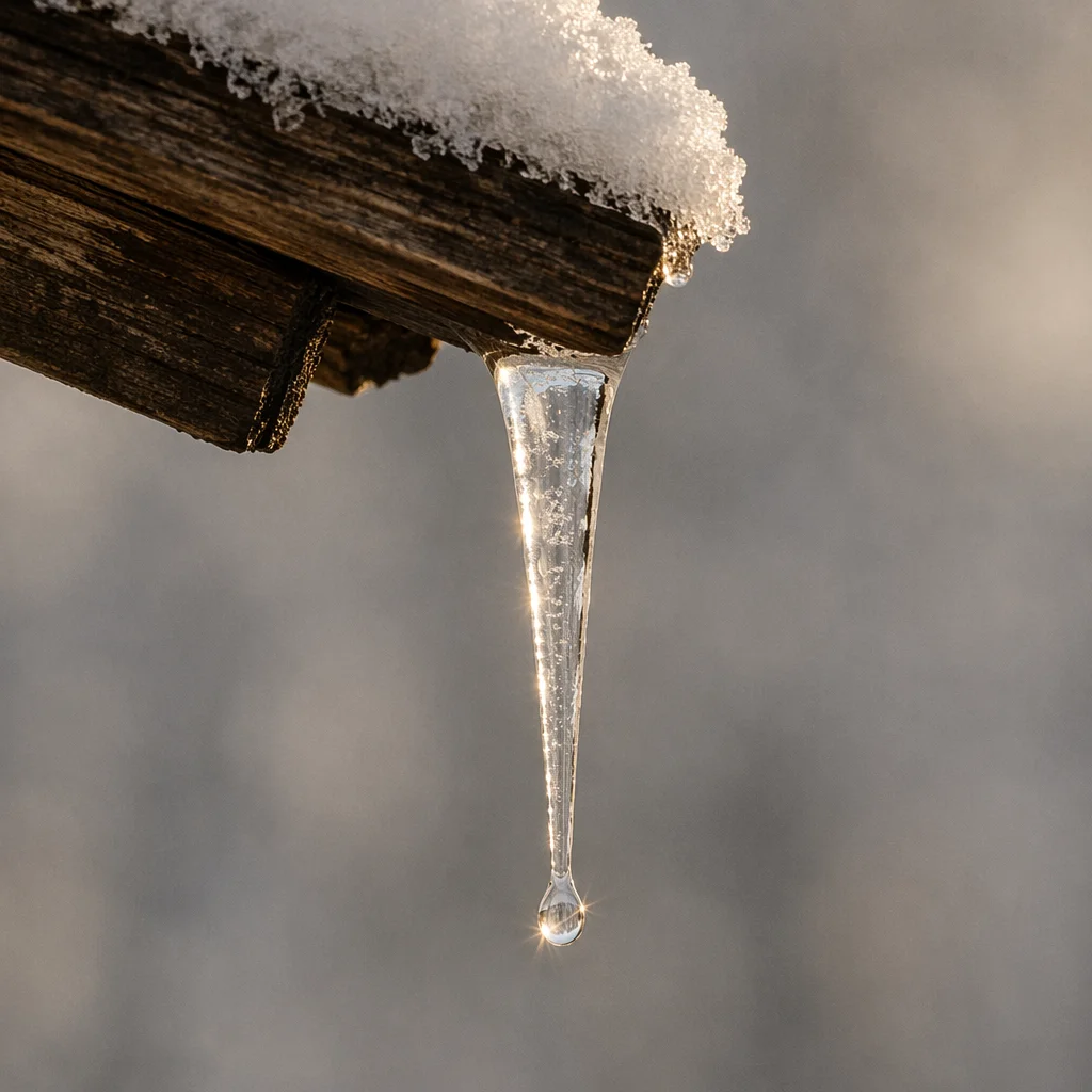 Winter Sunlit Icicle on Roof Eave