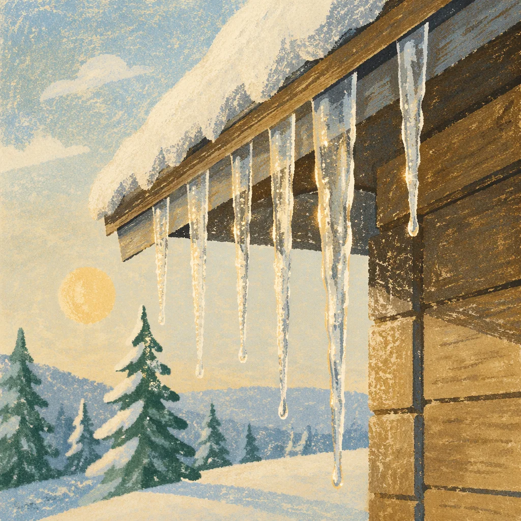 Sunlit Icicles on Cabin Roof Edge