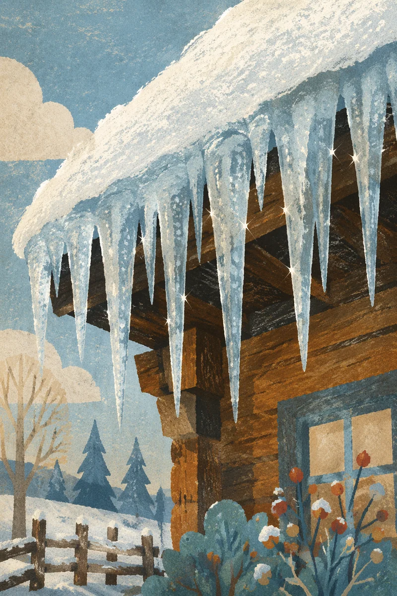 Winter Icicles on Snow Covered Roof
