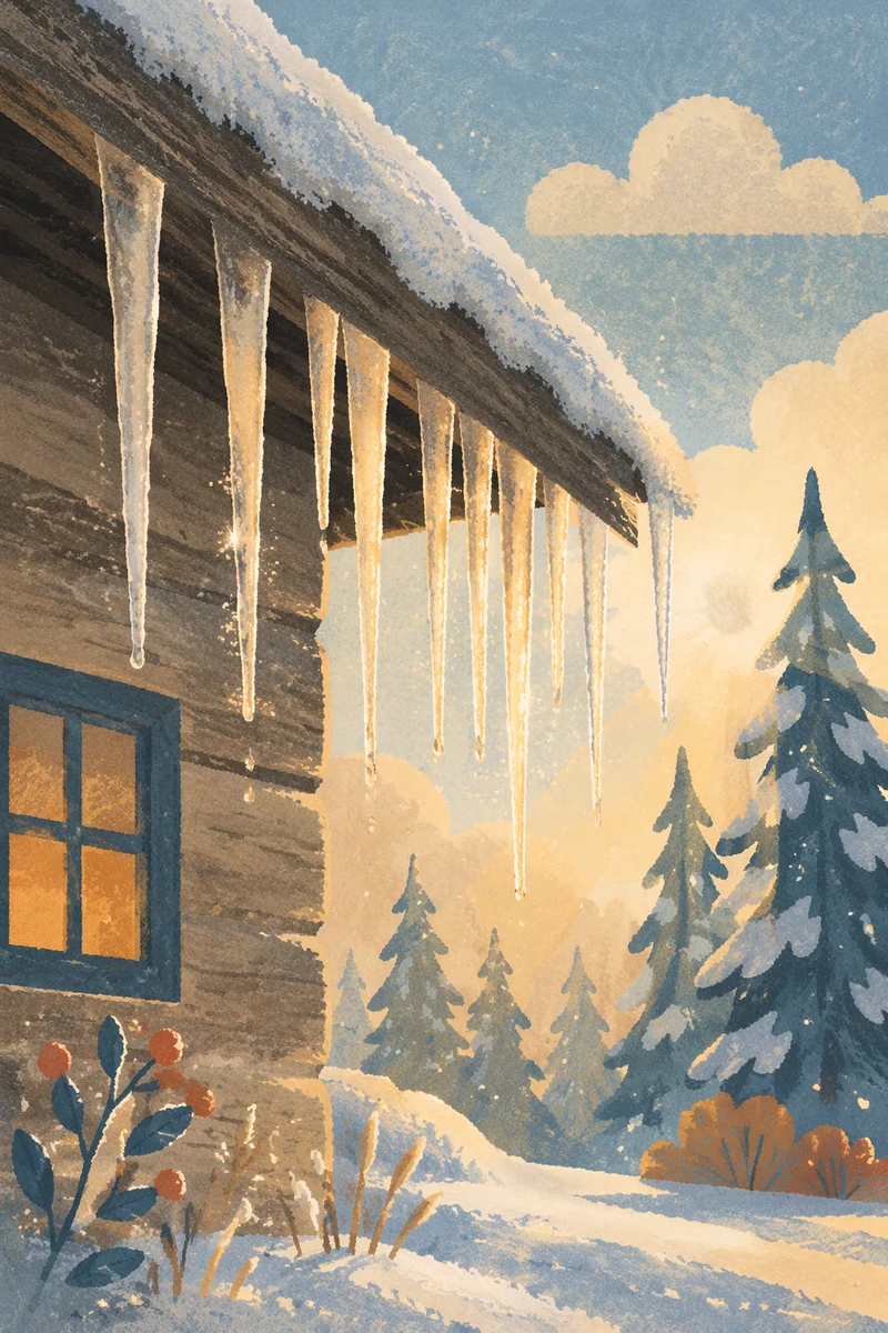 Golden Winter Sunlight on Rustic Icicles