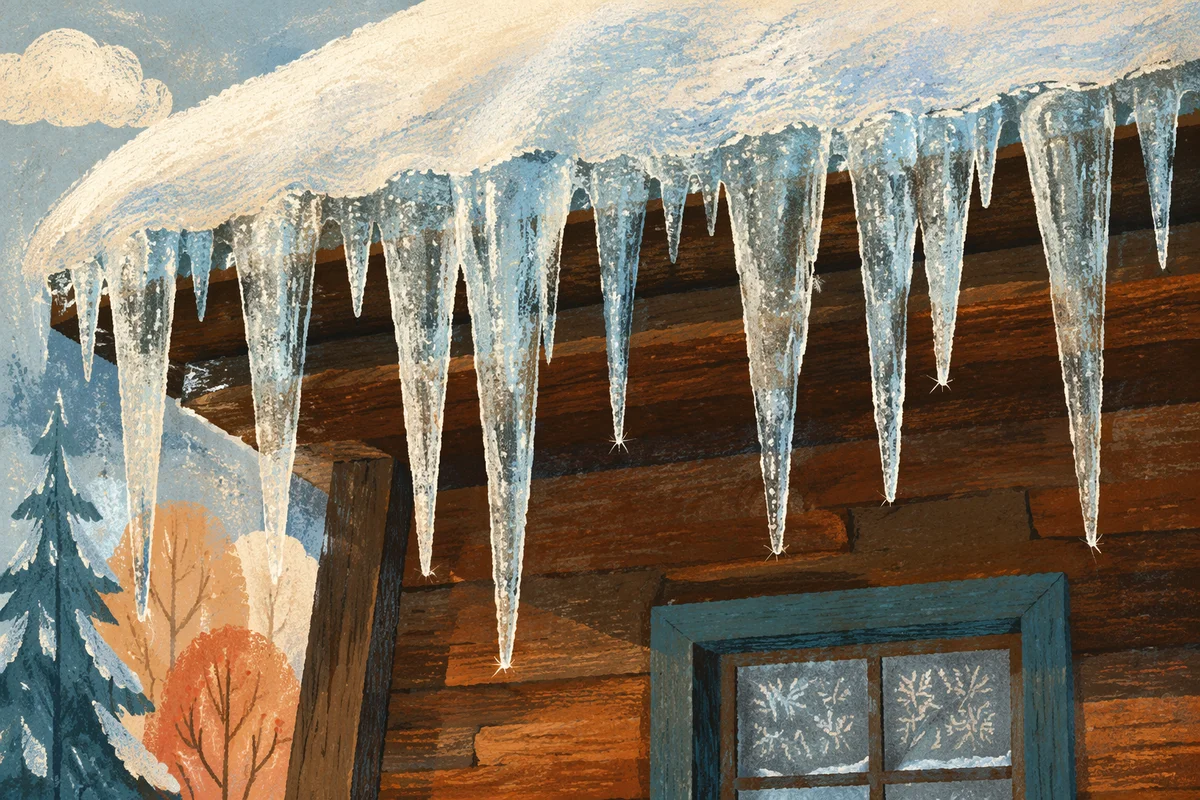 Winter Icicles on Snowy Cabin Roof