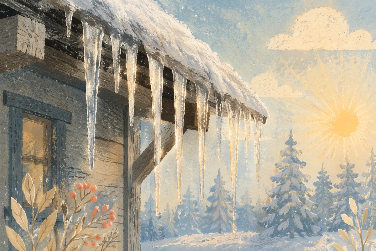 Golden Sunlight on Winter Roof Icicles