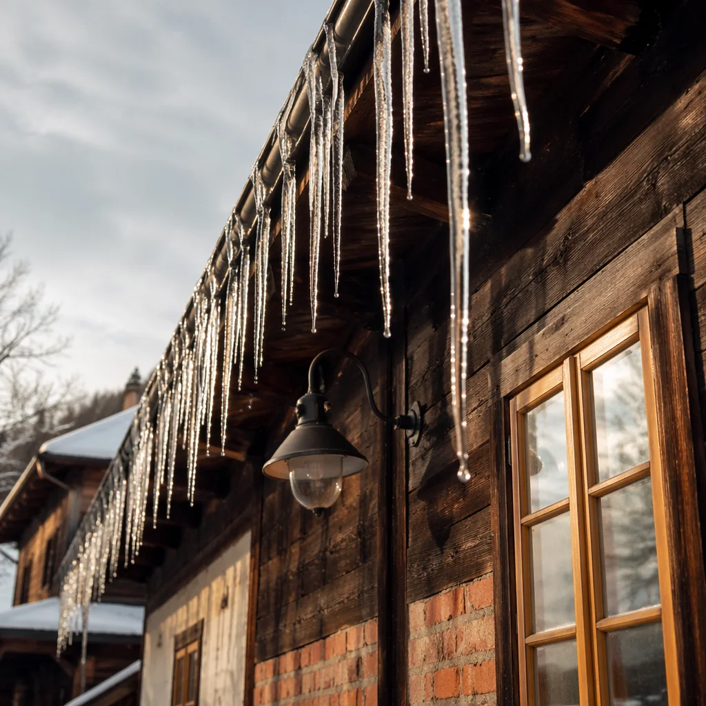 Sunlit Icicles on Rustic Winter Eaves