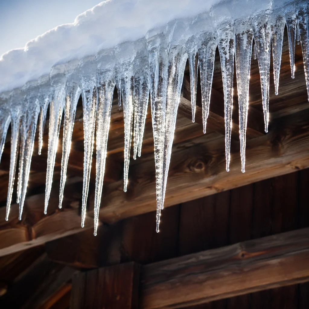 Winter Icicles on Snow Covered Cabin Roof