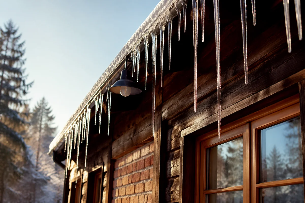 Sunlit Icicles on Rustic Winter Eaves