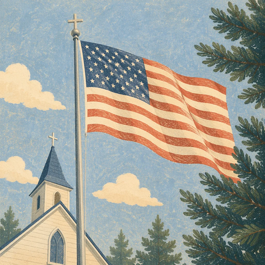 American Flag by Church Cross in Summer