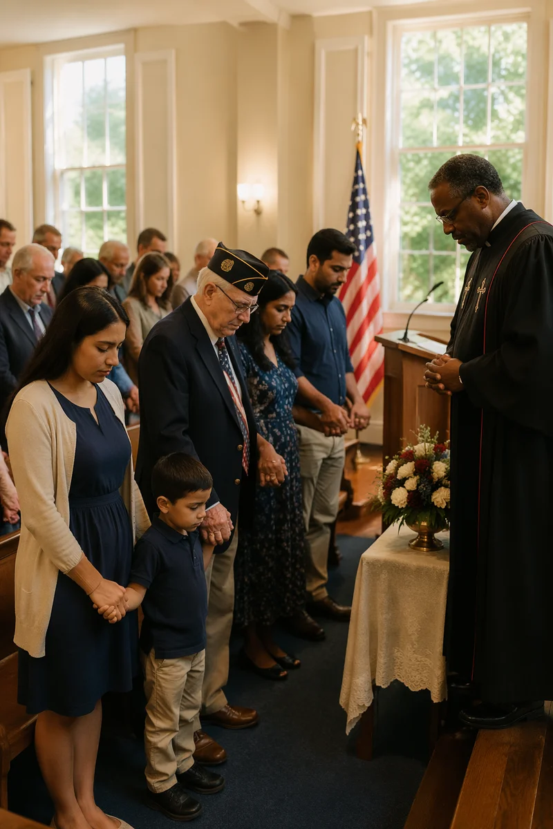 Congregation Praying in Sunlit Church Sanctuary