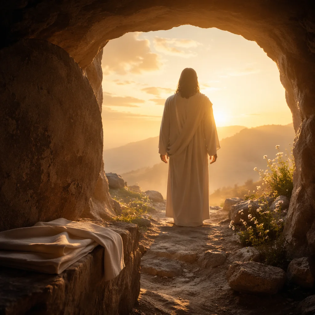 Risen Jesus at Empty Tomb Sunrise