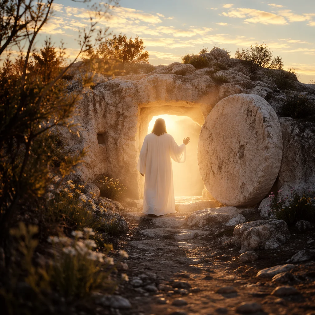 Risen Jesus at Empty Tomb Sunrise