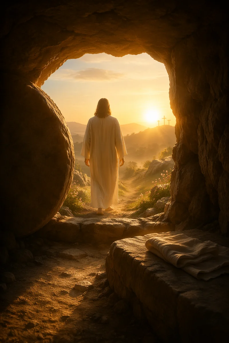 Risen Jesus at Empty Tomb Sunrise