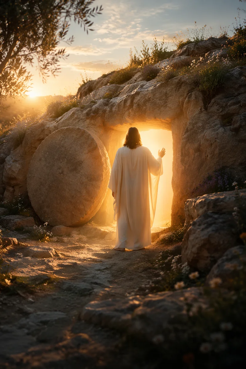 Risen Jesus at Empty Tomb Sunrise