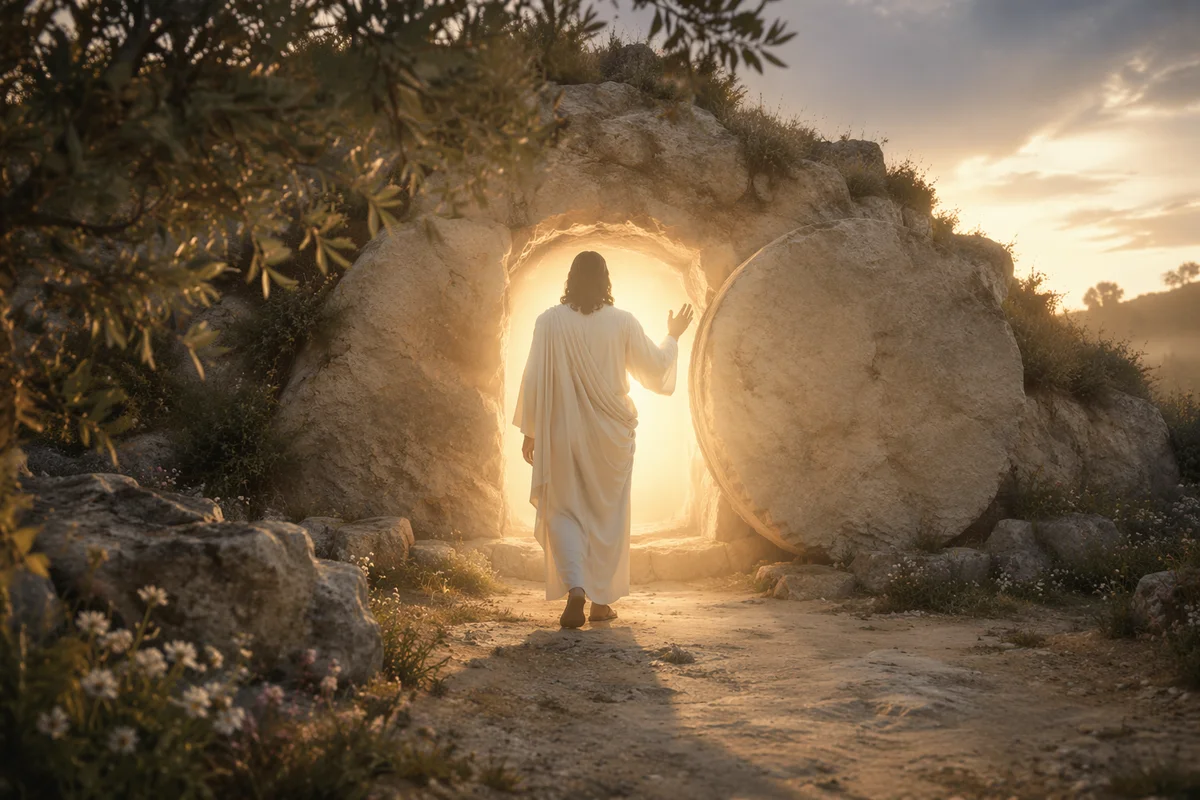 Risen Jesus at Empty Tomb Sunrise