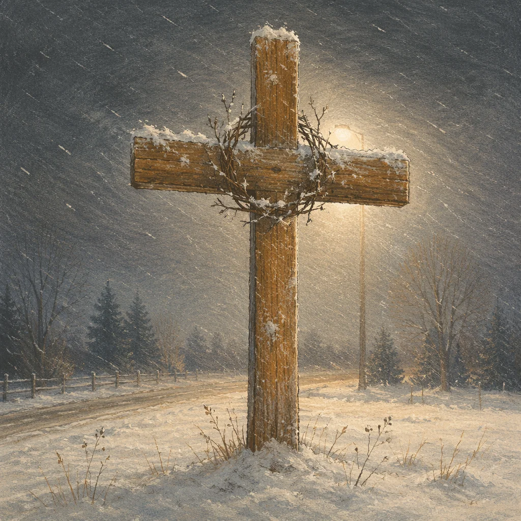 Ashen Wooden Cross in Winter Snow
