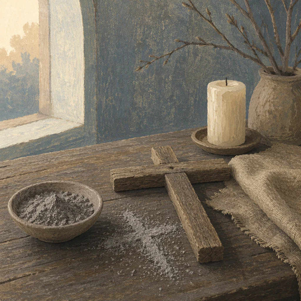 Lenten Ashes Beside Handmade Wooden Cross