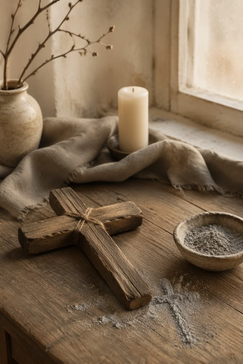 Lenten Ashes Beside Handmade Wooden Cross