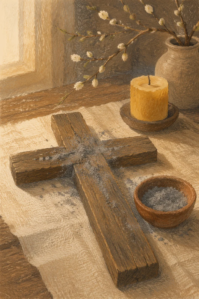 Lent Ashes on Weathered Wooden Cross