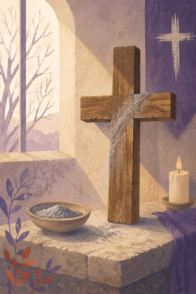Lenten Ashes Beside Weathered Wooden Cross