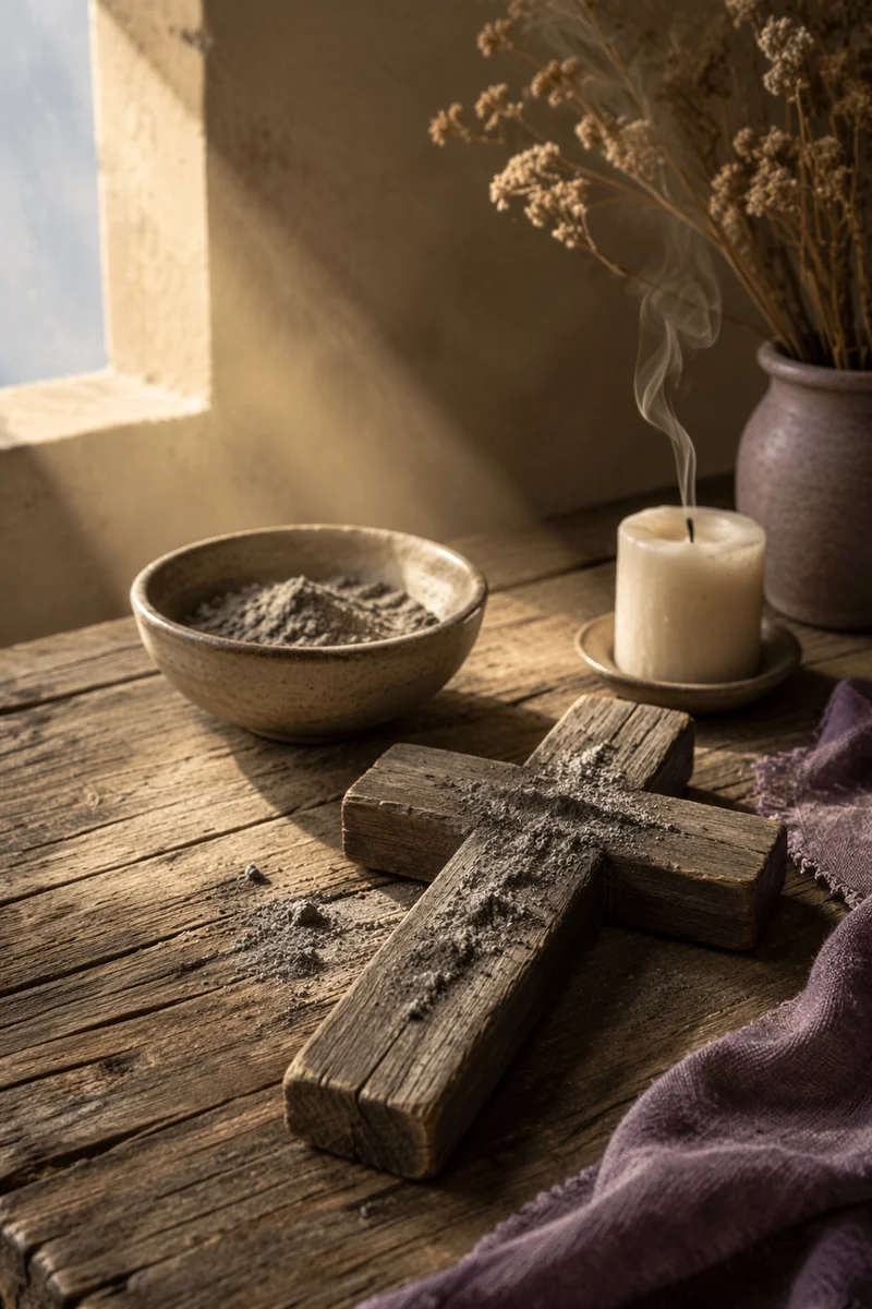 Lent Ashes on Weathered Wooden Cross