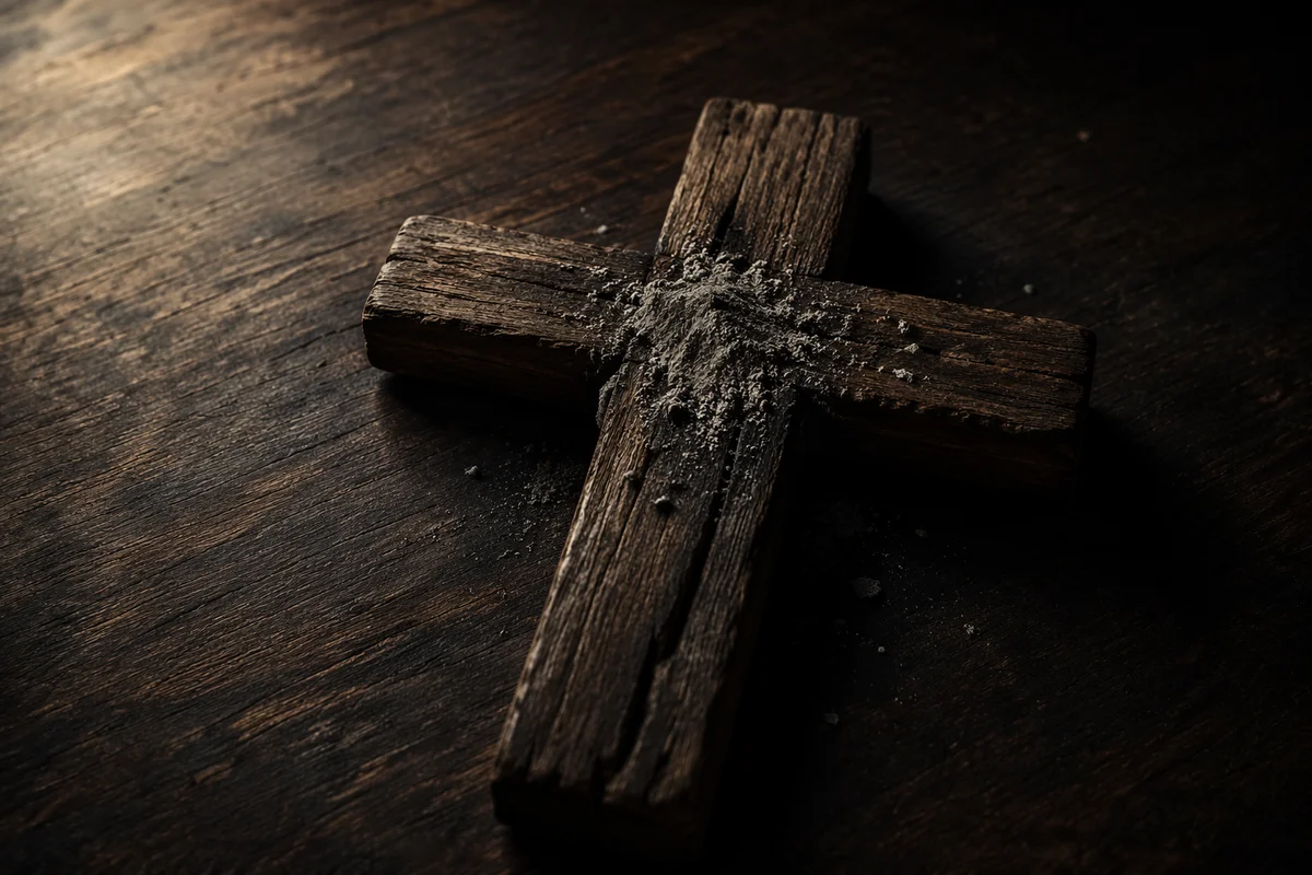 Lenten Ashes on Weathered Wooden Cross
