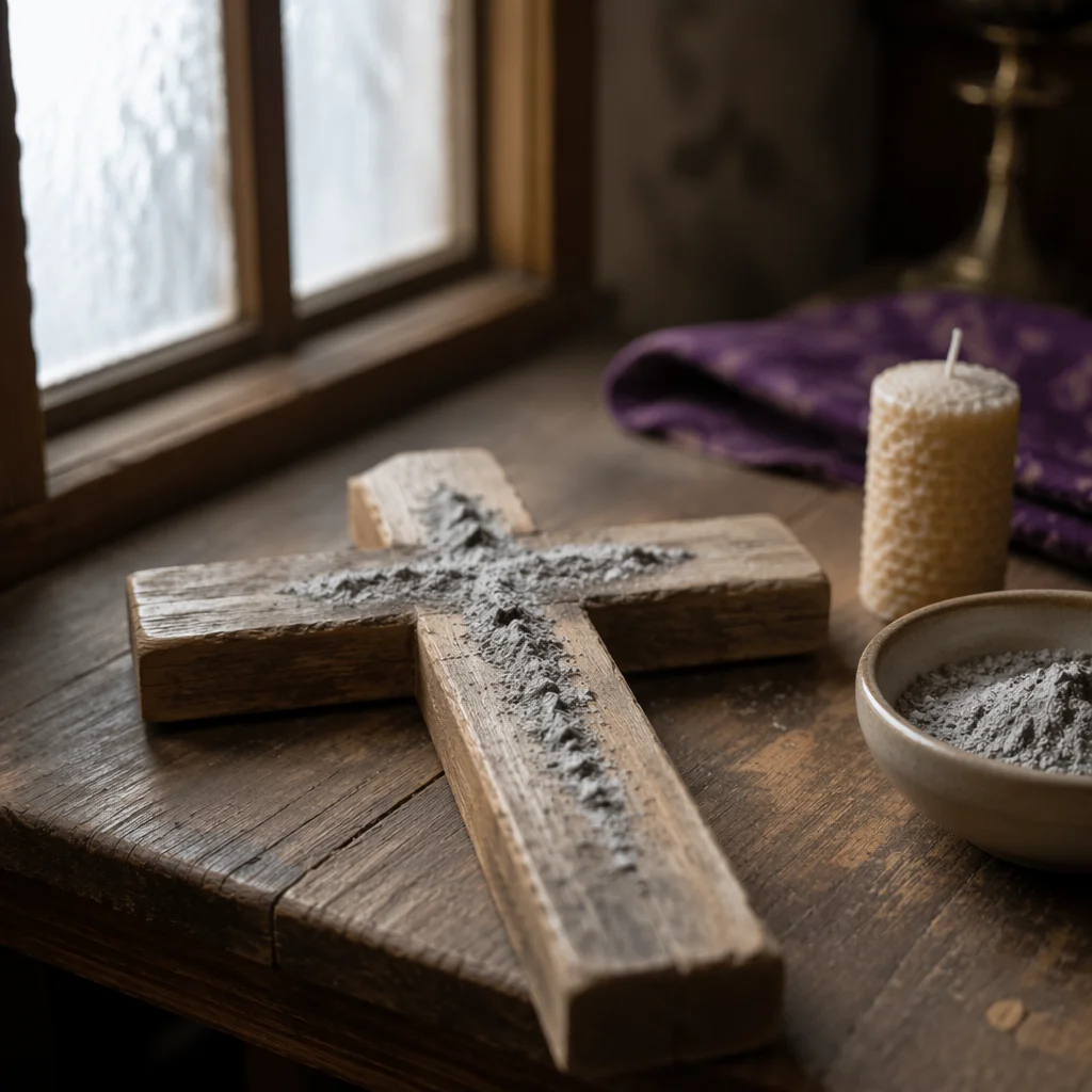 Lenten Ashes on Weathered Wooden Cross