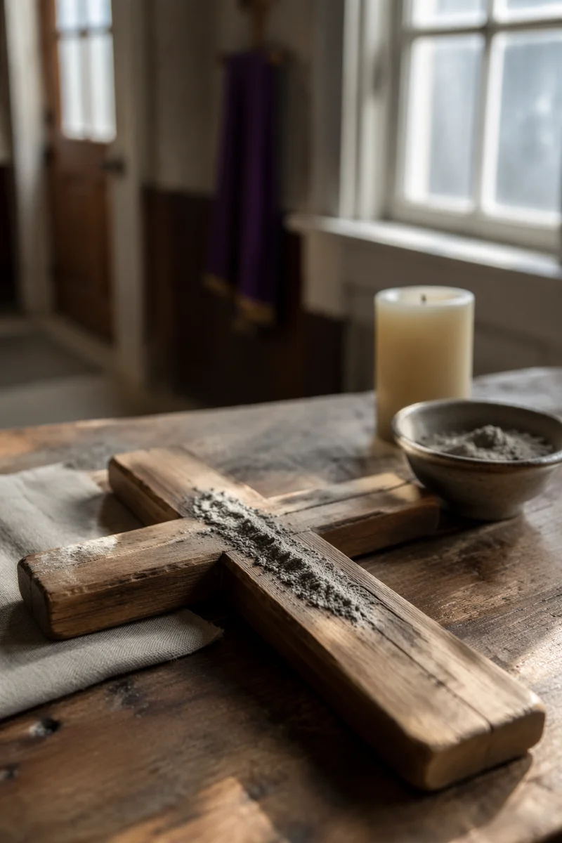 Lenten Ashes on Weathered Wooden Cross