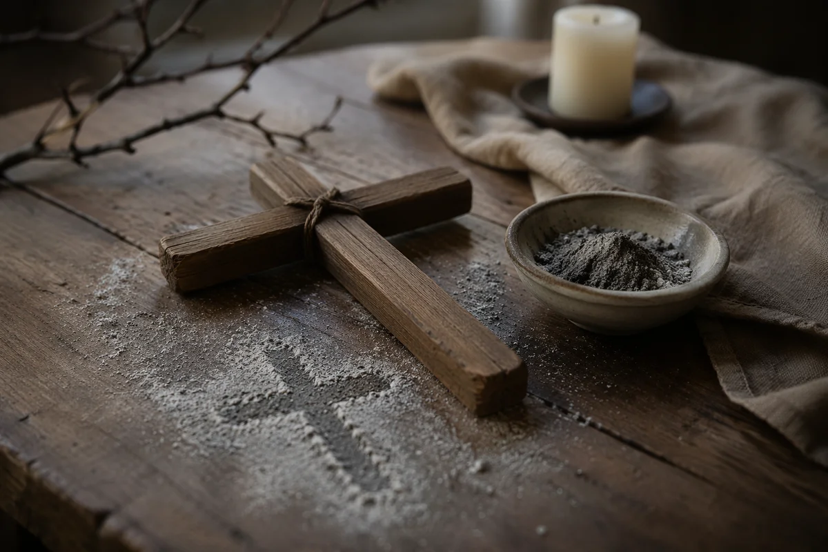 Lenten Ashes Beside a Handmade Wooden Cross